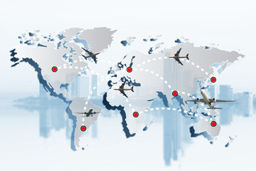 global transportation logistics or import export business concept or travel concept. Airplane flying and leave a white dashed trace line on world map