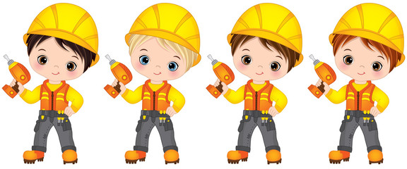 Obraz na płótnie Canvas Vector Cute Little Boys Drilling. Vector Little Builders