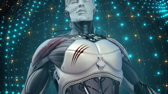 Futuristic design concept of a robot that opening eyes and waking up in Digital space with virtual environmental background