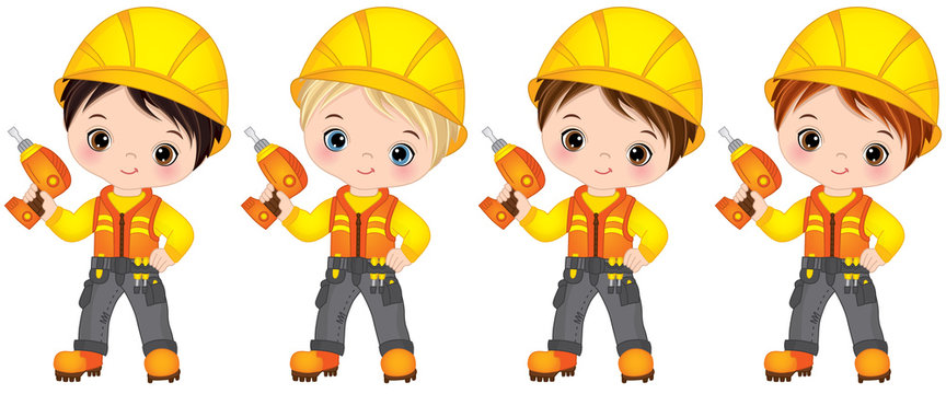 Vector Cute Little Boys Drilling. Vector Little Builders