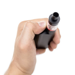 Black vape in a man's hand on a white isolated background