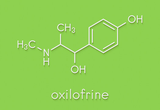 Oxilofrine (methylsynephrine, oxyephrine) stimulant drug, chemical structure.  Skeletal formula.
