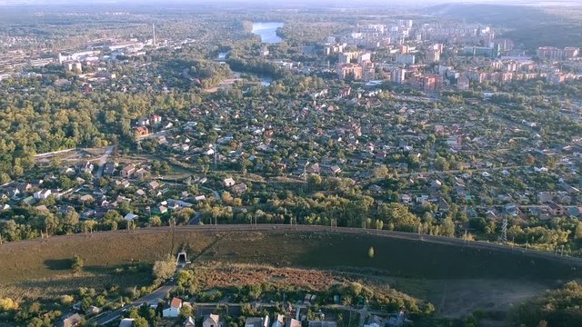 Aerial view on Poltava city, Ukraine. Old video style, low light evening sunny footage