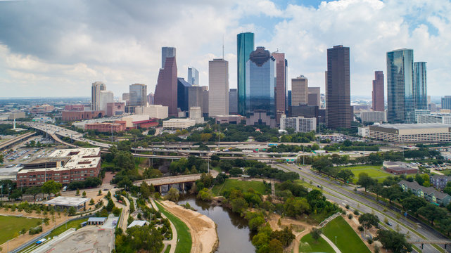Aerial view of skyline downtown Houston building city, at buffalo bayou park, Houston, Texas, USA
