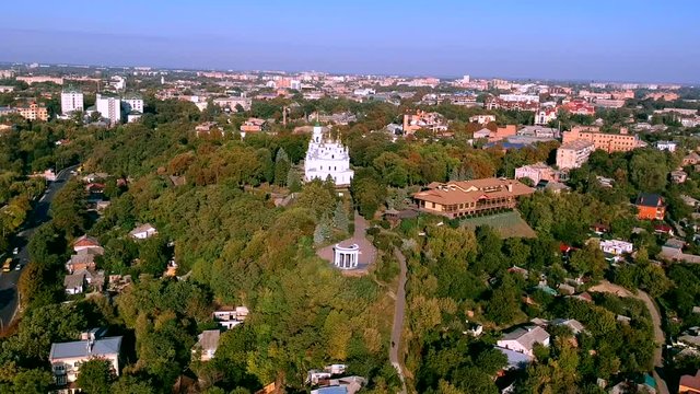 Aerial view on Holy Dormition cathedral in Poltava, Ukraine. Summer noon sunlight