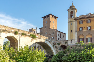 Amazing view of Castello Caetani, Tiber River and Pons Fabricius in city of Rome, Italy
