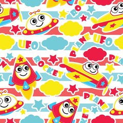 Seamless pattern of cute plane, rocket and ufo on striped background vector cartoon illustration for kid wrapping paper, fabric clothes, and wallpaper