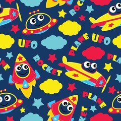 Naklejka na ściany i meble Seamless pattern of cute plane, rocket and ufo on blue background vector cartoon illustration for kid wrapping paper, fabric clothes, and wallpaper