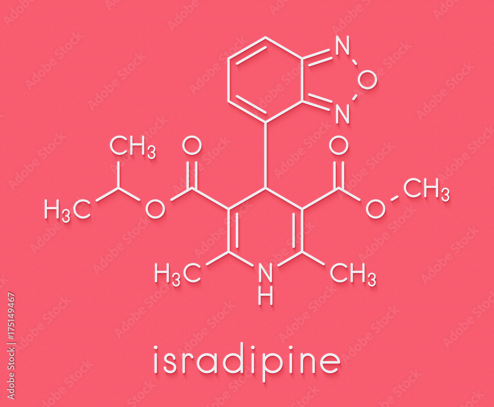 Sticker Isradipine hypertension drug molecule. Skeletal formula.