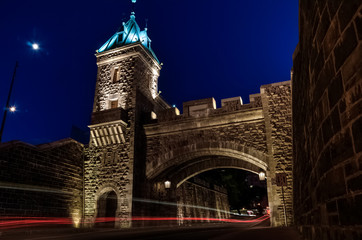 Fototapeta na wymiar Kent door, arch in fortifications of Quebec city at night, Quebec, Canada