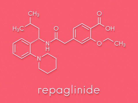 Repaglinide diabetes drug molecule. Skeletal formula.