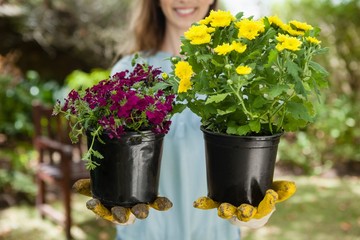 Midsection of woman holding flowering pots