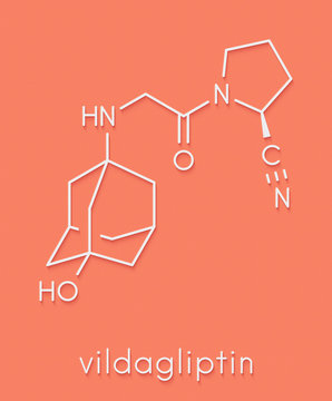 Vildagliptin diabetes drug molecule. Skeletal formula.