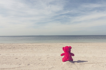 red teddy bears sitting on the beach