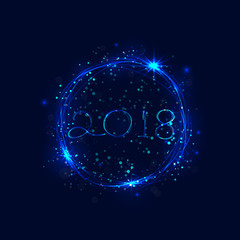 Happy new year 2018 holiday background.2018 Happy New Year greeting card.Happy new year 2018 and abstract burning circles with glitter swirl trail effect background.Glowing lights.