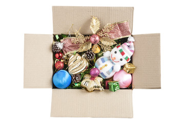 Christmas Decoration in Box. Holiday Decoration lsolated on White Background. Top View
