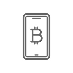 Bitcoin online symbol on the smartphone line icon. Cryptocurrency bitcoin trust and security concept. Linear vector icon isolated on white transparent background.