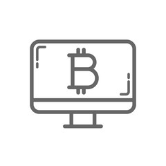 Bitcoin cold storage symbol on the desktop screen line icon. Cryptocurrency bitcoin storage and security concept. Linear vector icon isolated on white transparent background.