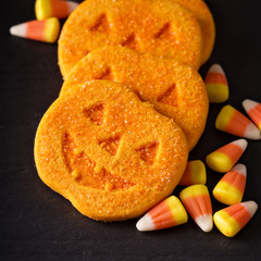 Halloween pumpkin cookies and candy