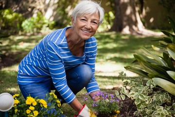 Portrait of happy senior woman kneeling while planting flowers