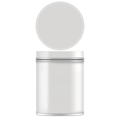 Mock up of round metal tin can for gift. Vector isolated on white background
