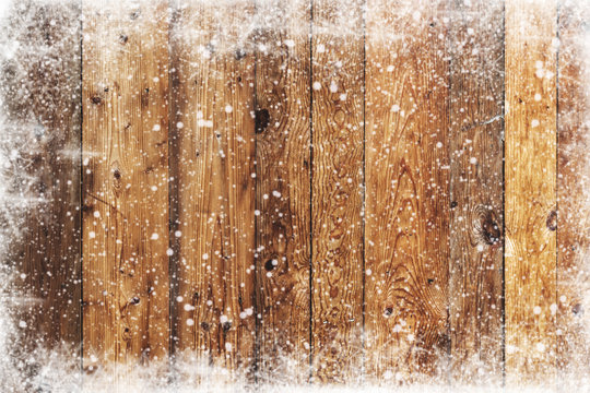 Christmas background - Old wood texture with snow. vintage and rustic style