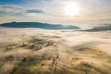 Fototapeta na wymiar Arial view of Panorama landscape with mountain view and morning fog