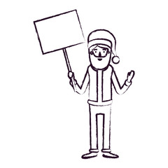 santa claus caricature full body holding a poster with pole with hat and costume blurred silhouette on white background