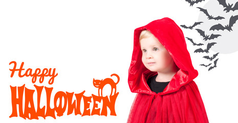 Little Red Riding Hood. Beautiful little girl in a red raincoat. Halloween