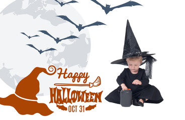 Halloween. Portrait of little girl in witch hat and black clothing