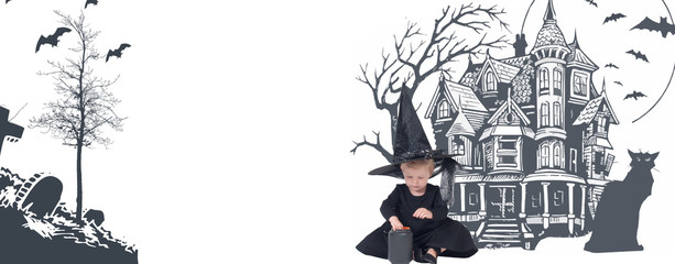 Halloween.  Funny child girl in witch costume for Halloween