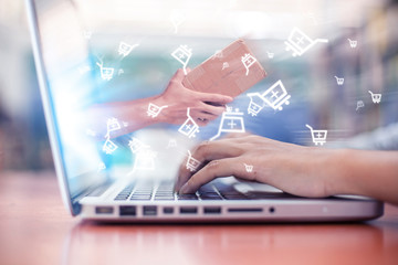 shopping online from taplet and pc. Concept of buying digital online.