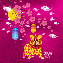 Chinese new year 2018. Year of  the dog background with lion dance