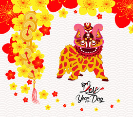 Chinese New Year card with plum blossom and lion dance in traditional chinese background