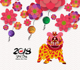 Chinese New Year card with plum blossom and lion dance in traditional chinese background
