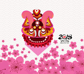 Chinese New Year card with plum blossom and lion dance in traditional chinese background