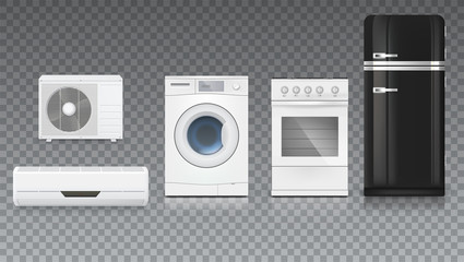 Fototapeta na wymiar Air conditioning, washing machine, gas hob and black fridge, isolated 3D illustration with realistic shadows and reflections. Set icons of household appliances on a trasparent background.