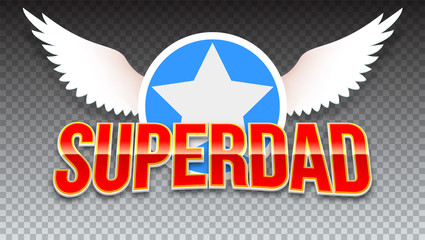 Super dad, red shiny text on horizontal transparent background. Super hero typography with white wings and star for t-shirt graphics or sport logo on transparent background.