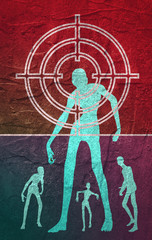 Fototapeta na wymiar Zombie silhouettes as a target for aim. Halloween theme background. Grunge distress texture.