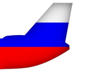 An airplane tail. Russia flag as backdrop. 3D rendering