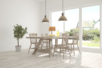 White dinner room with green landscape in window. Scandinavian interior design. 3D illustration