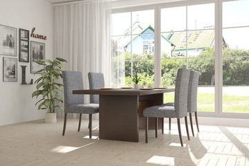 White dinner room with green landscape in window. Scandinavian interior design. 3D illustration