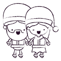 santa claus couple cartoon full body man and woman smiling expression blurred silhouette on white background