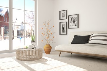 Idea of white minimalist room with sofa. Scandinavian interior design. 3D illustration