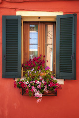 Flower display on a window in Burano