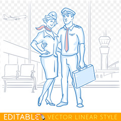 Pilot and stewardess. Crew of a civil aircraft in the airport. Editable sketch in blue ink style. Hand drawn doodle vector illustration.