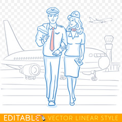 Pilot and stewardess. Crew of a civil aircraft in the airport. Editable sketch in blue ink style. Hand drawn doodle vector illustration.