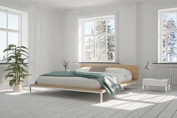 Idea of white minimalist bedroom. Scandinavian interior design. 3D illustration