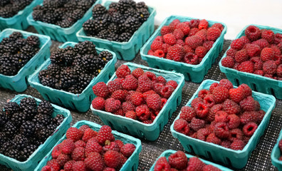Fresh raspberry and blackberry in the container box