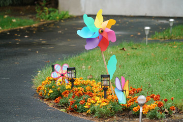 Colorful windmill decoration in the front yard